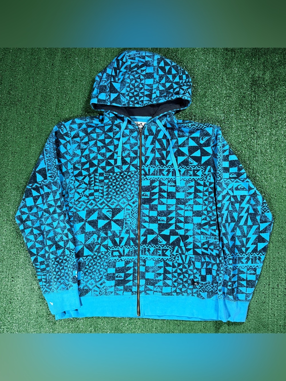 Y2K Mens Quiksilver Full Zip Hoodie Blue Geometric All Over Print Large